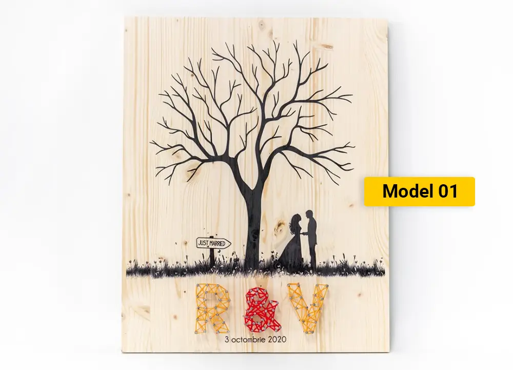Copacel cu amprente pe lemn cu String Art 3 Wedding tree cu string art model 1