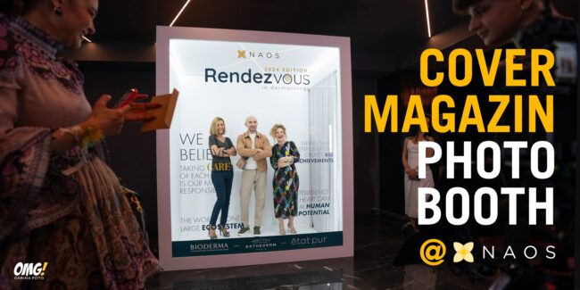 Walk-in-Cover-Photo-Booth-blog-banner NAOS Oaspeți zâmbitori pozând într-un Cover Magazin Photo Booth personalizat pentru evenimentul NAOS Rendezvous în dermatologie 2024.